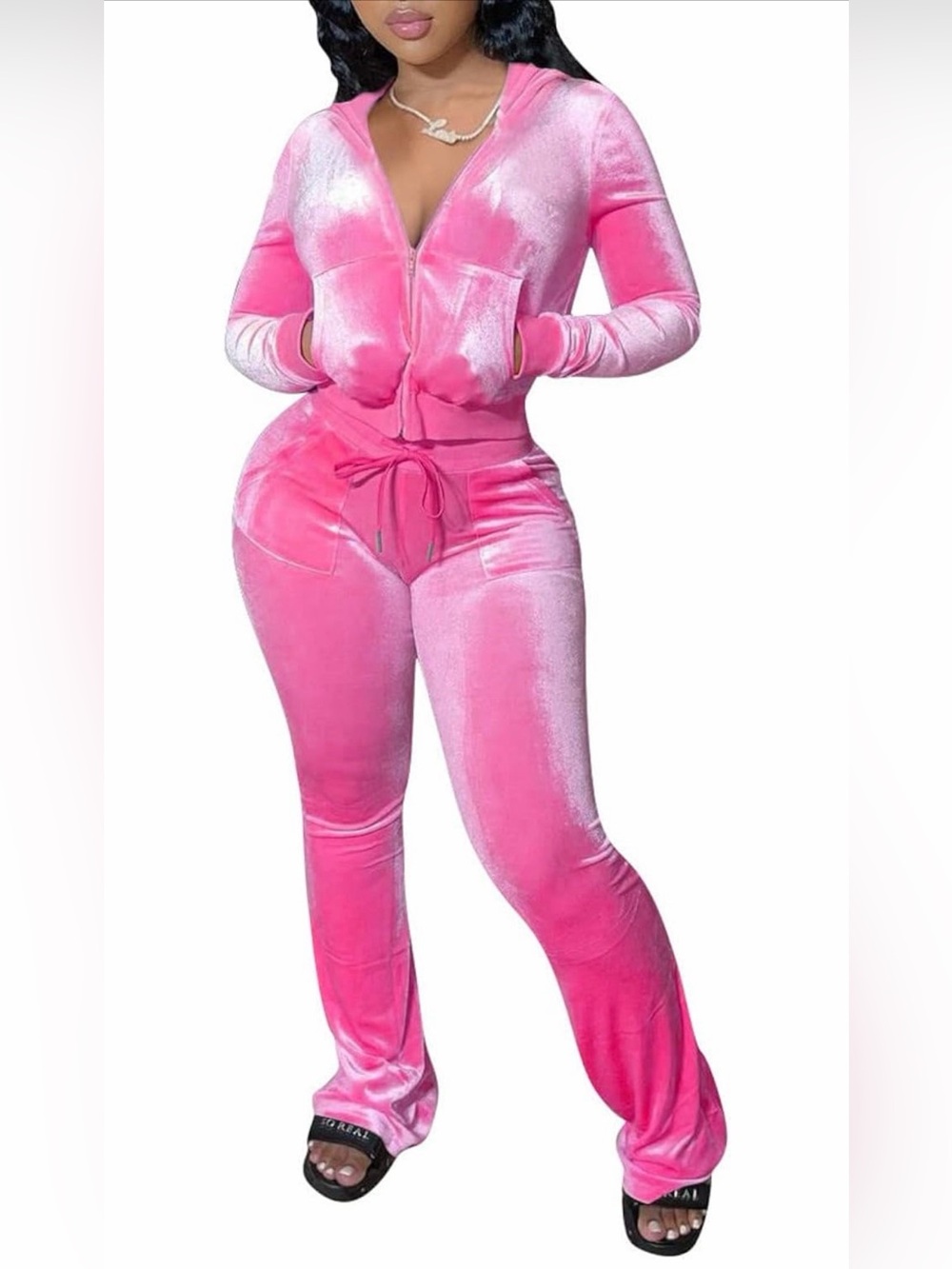A438 2 Piece Outfit Velvet Sweatsuits Zip-up Hoodie PINK Jacket Jogging XXL Set